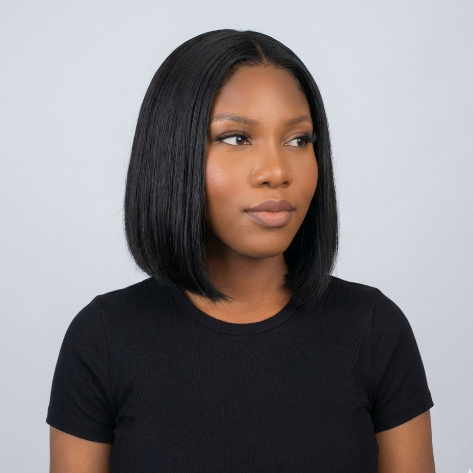 Person with black bob haircut in black shirt.