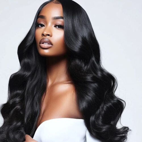 Woman with long, wavy black hair posing elegantly.